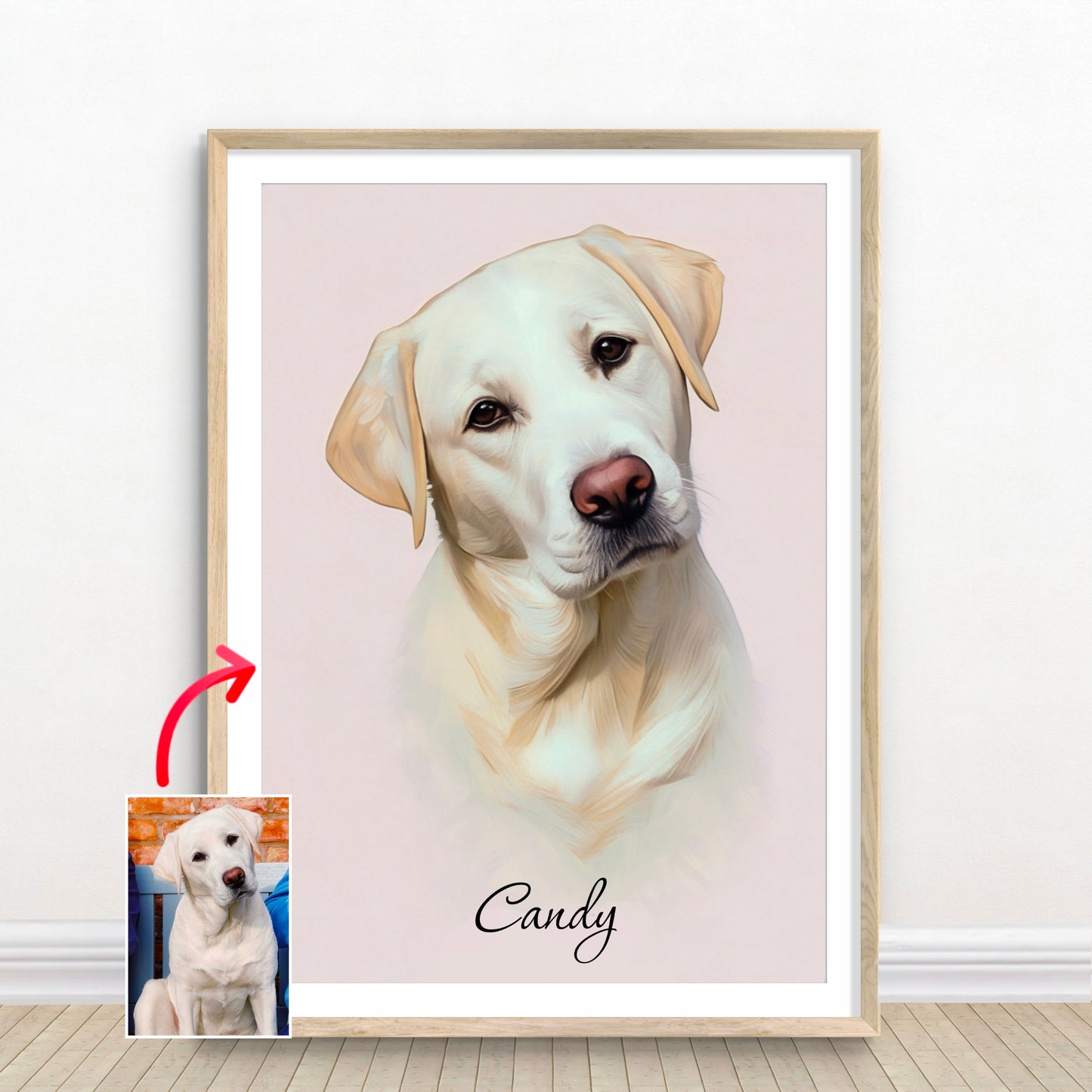 Custom white Labrador pet portrait named Candy, created from photo by artist John Brython