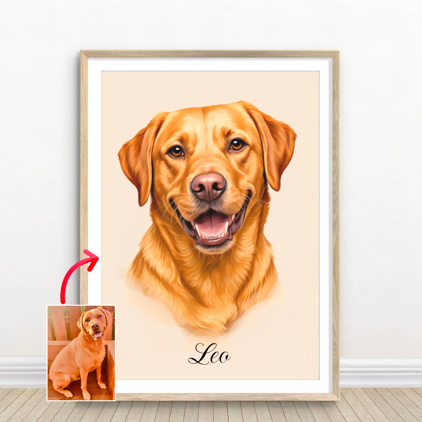 Custom golden Labrador pet portrait named Leo, created from photo by artist John Brython