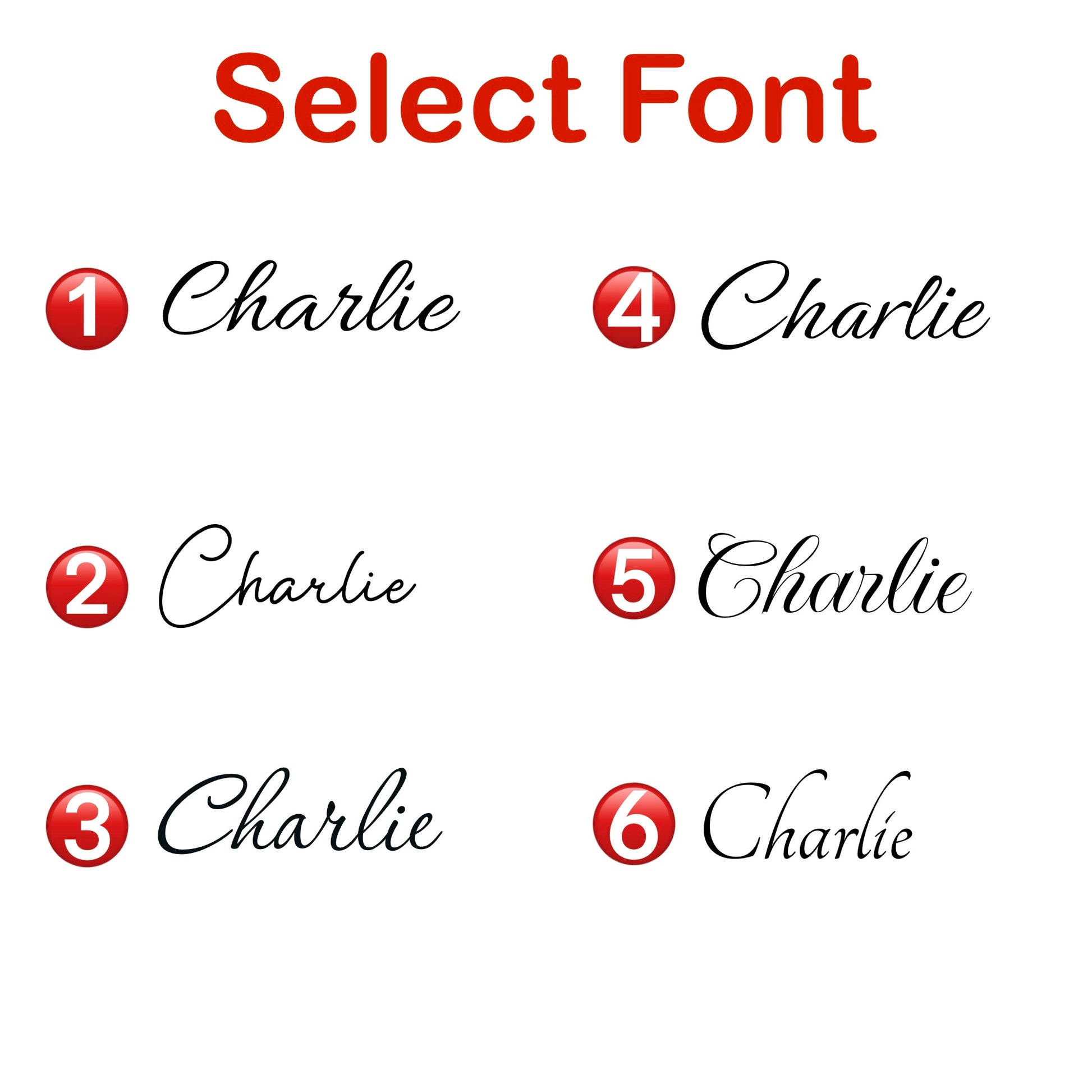 Six instances of the 'Charlie' font with numbers next to each instance on a white background.