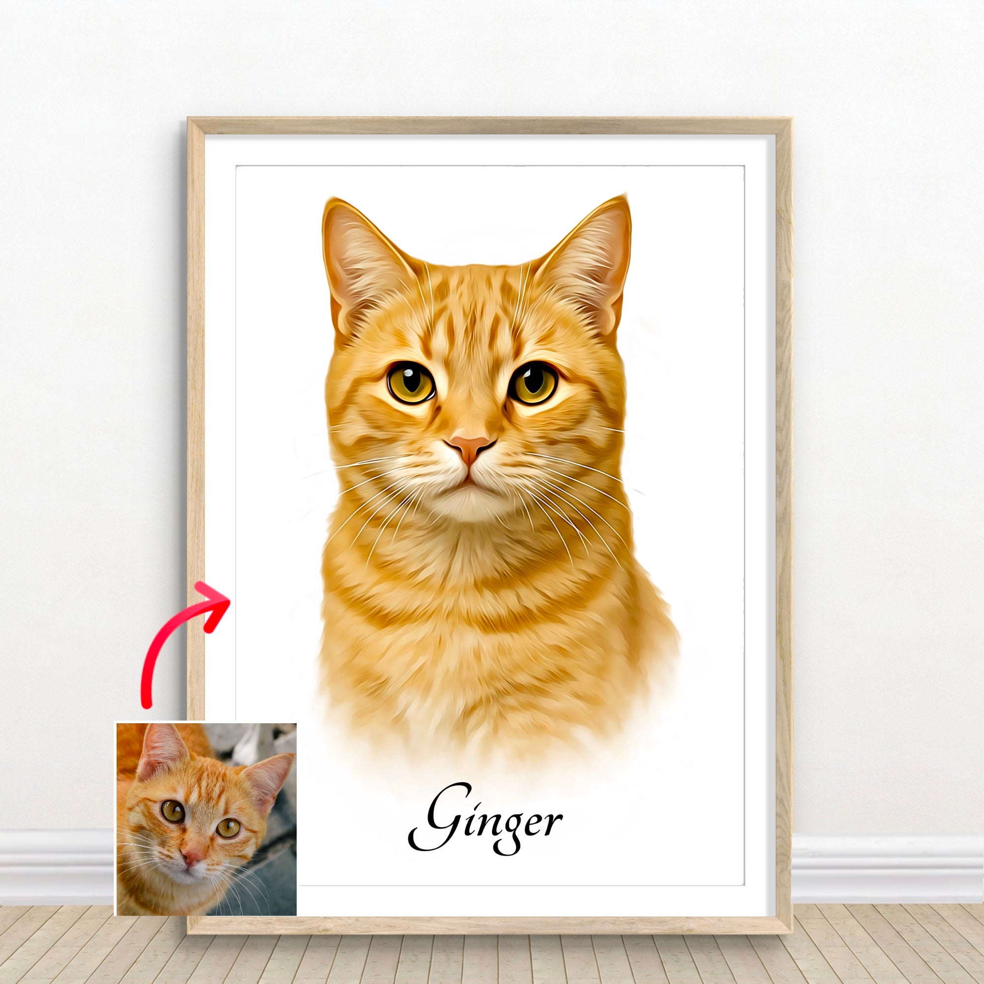 Framed portrait of a ginger cat named 'Ginger' on a white wall.