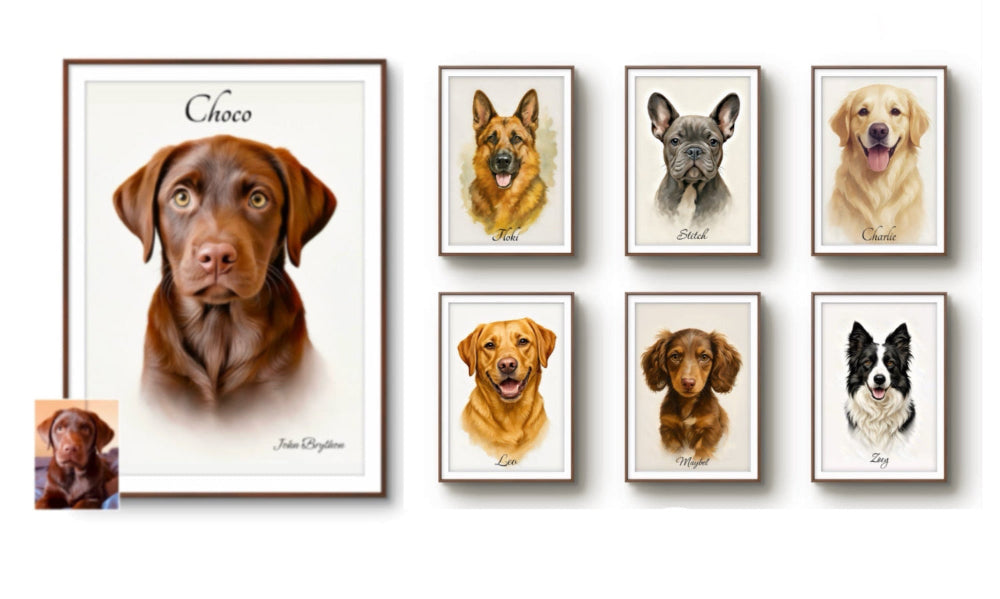 Set of framed dog portraits on a white background