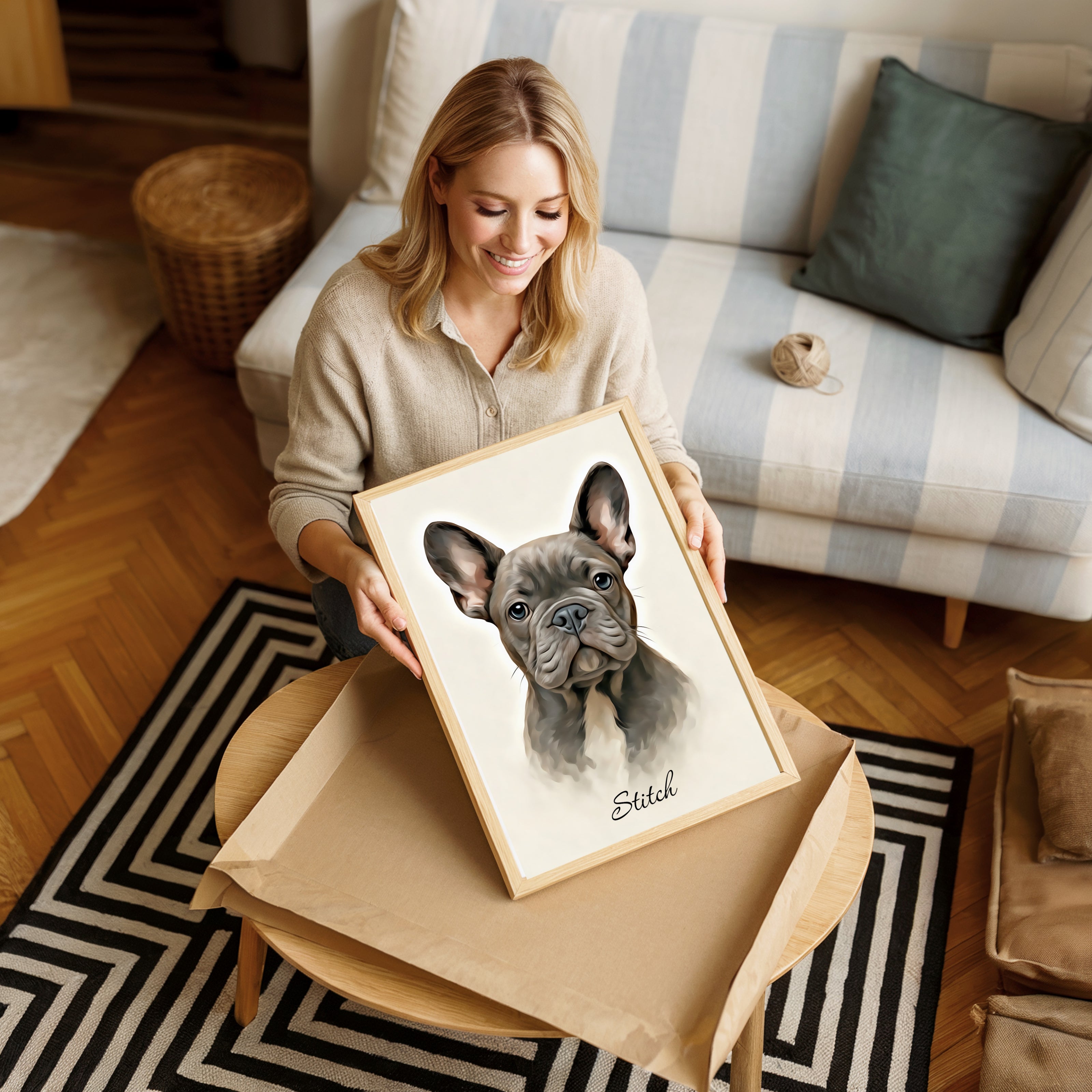 Woman holding a framed portrait of a dog named 'Stitch' in a cozy living room.