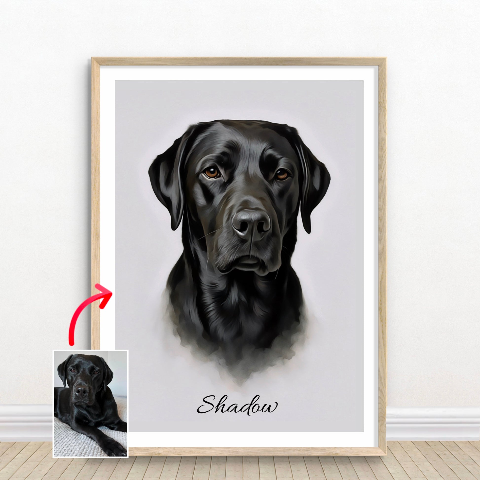 Custom black Labrador pet portrait named Shadow, created from photo by artist John Brython