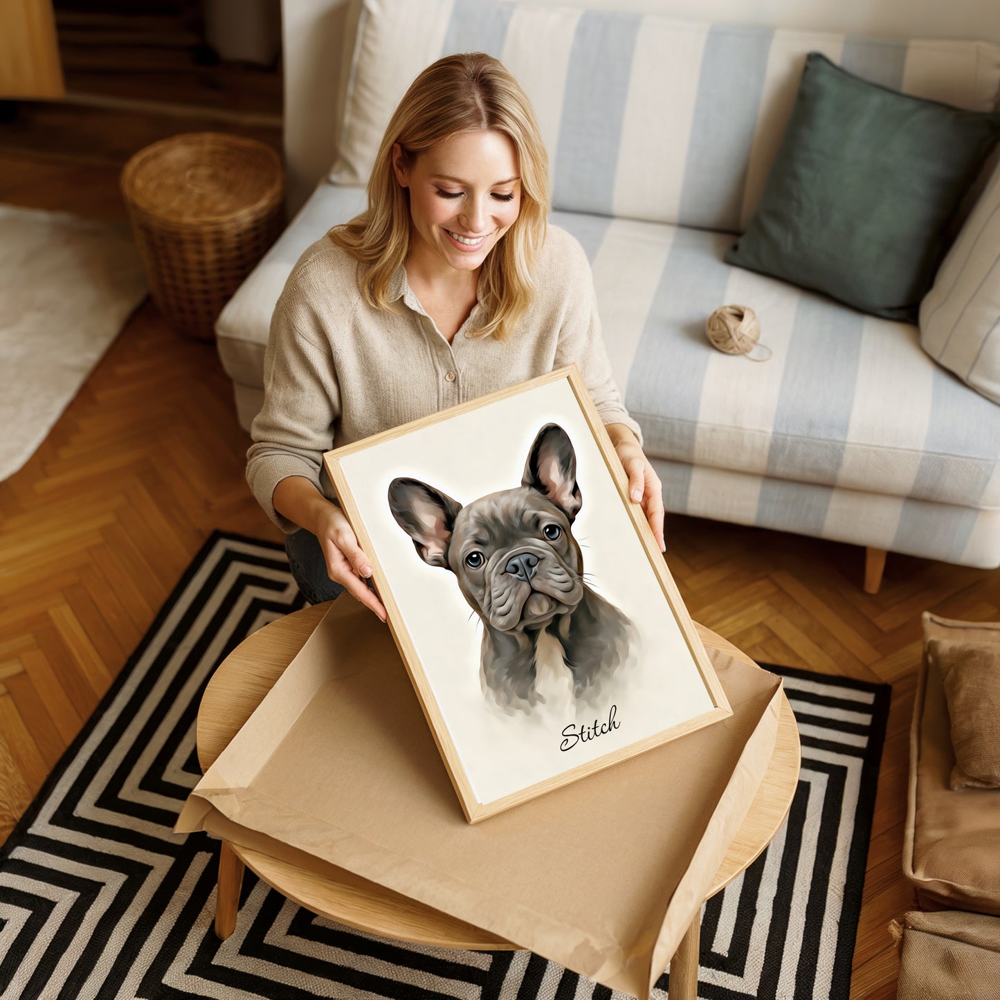 Woman holding a framed portrait of a dog named 'Stitch' in a cozy living room.