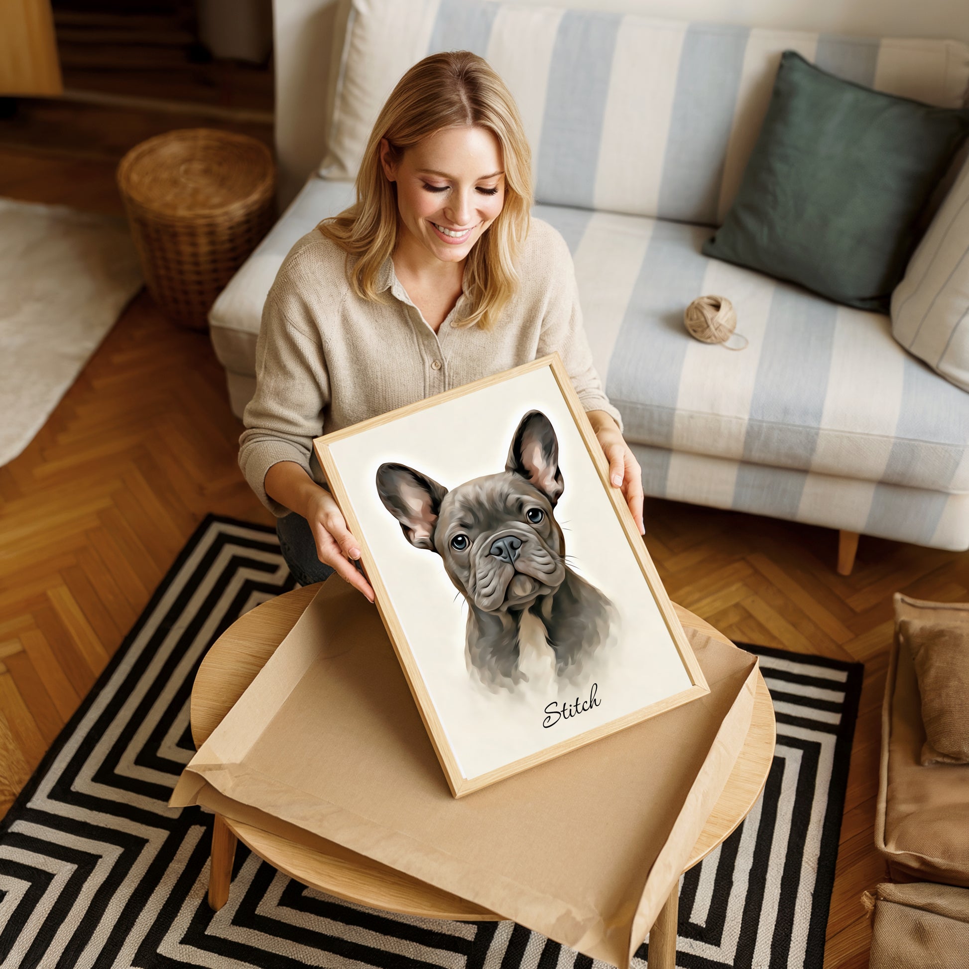 Woman holding a framed portrait of a dog named 'Stitch' in a cozy living room.