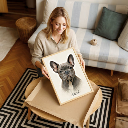 Woman holding a framed portrait of a dog named 'Stitch' in a cozy living room.