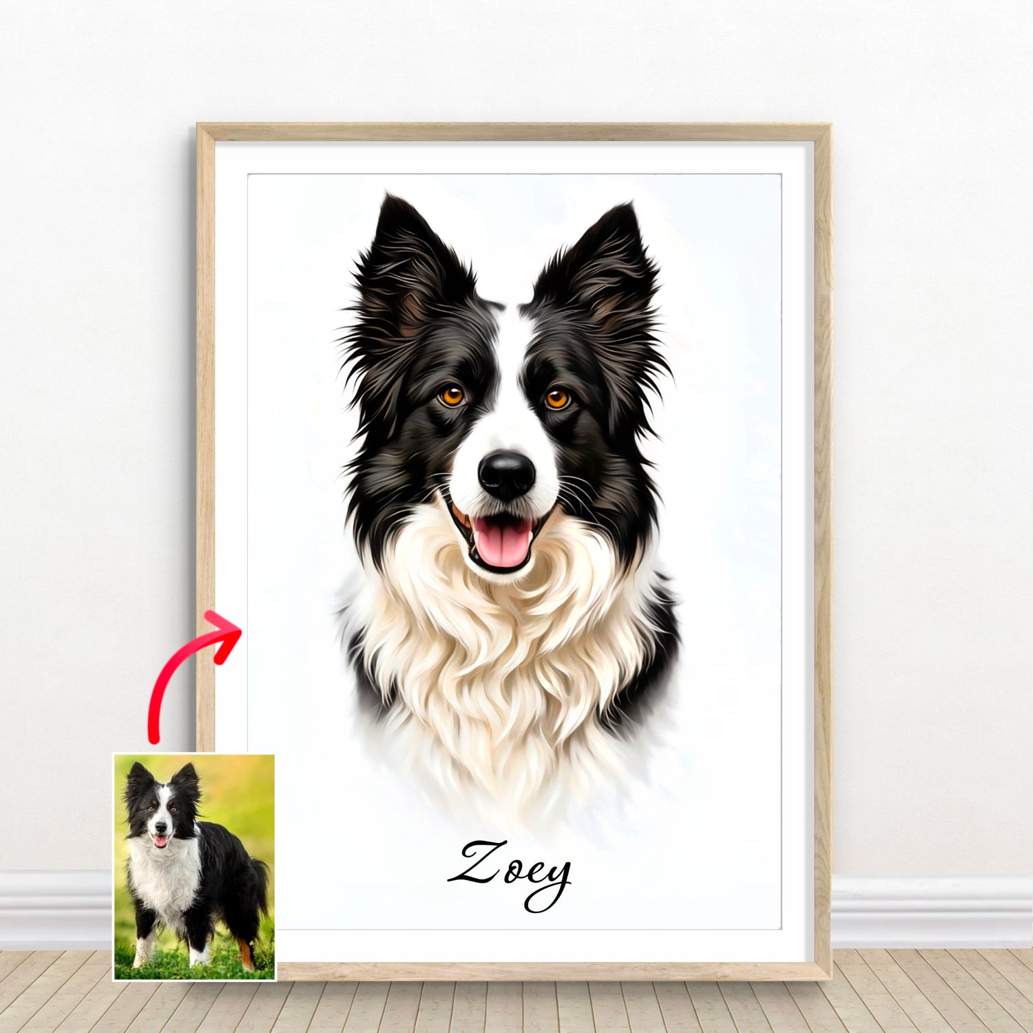 Custom digital pet portrait of a black and white Border Collie named Zoey, created from photo by artist John Brython”
