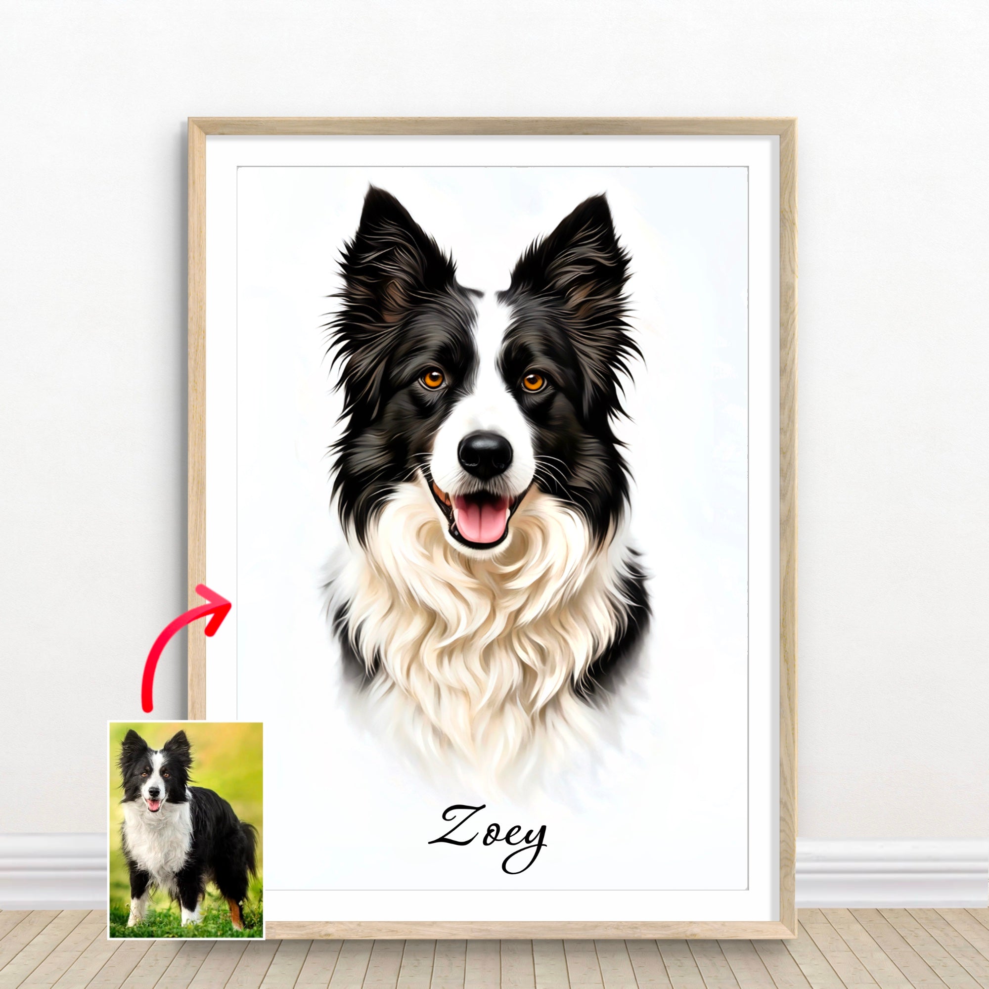 Custom digital pet portrait of a black and white Border Collie named Zoey, created from photo by artist John Brython”
