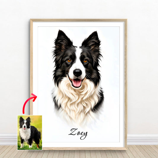 Custom digital pet portrait of a black and white Border Collie named Zoey, created from photo by artist John Brython”
