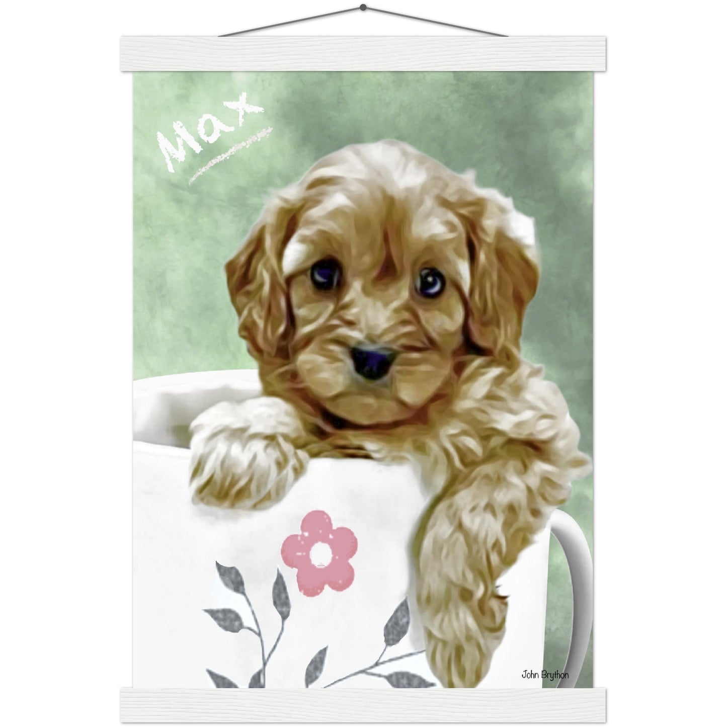 Puppy In A Mug Poster With Hangers by John Brython